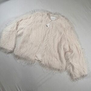 HM Edition Womens Shaggy Fringe Jacket Cream White M L Oversized Statement
